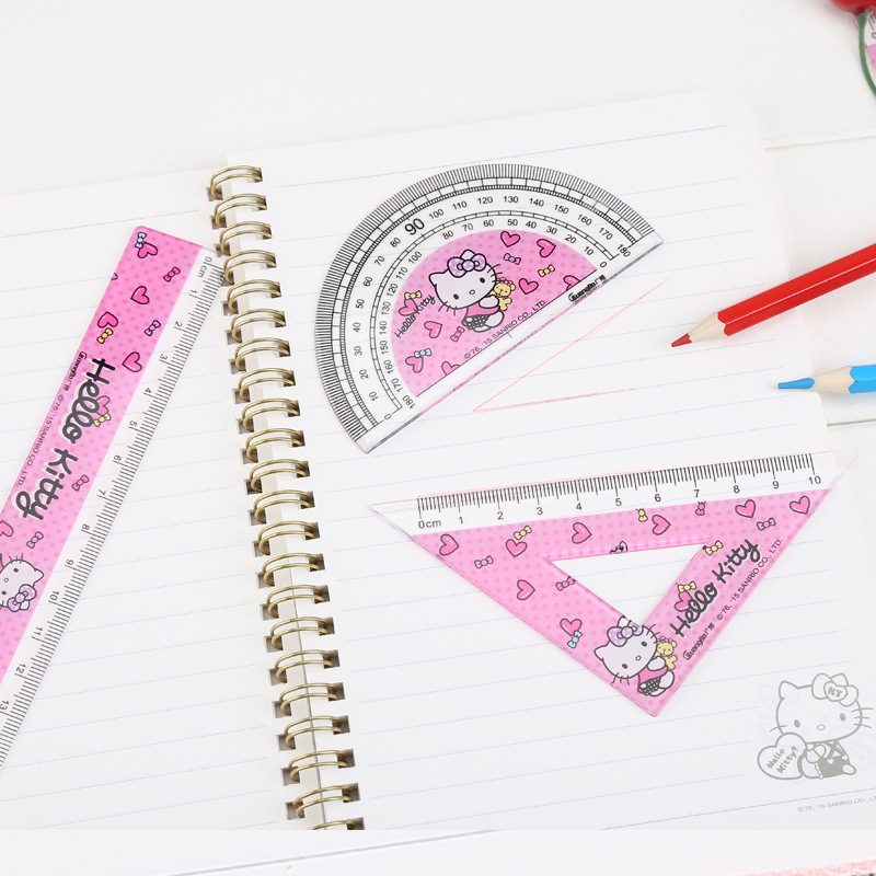 直销HelloKitty文具四件套三角尺角量器直尺卡通可爱塑料尺子套装|ru
