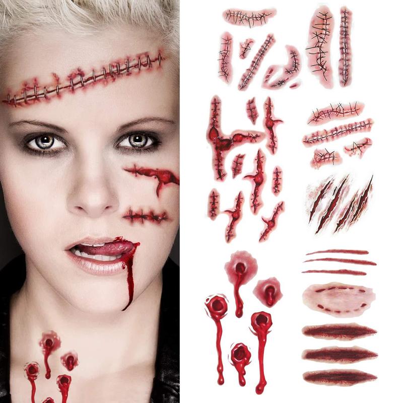 2pcs New scars play ghost  cosplay tattoo paste  stage performance hyper-realistic wound Halloween anime drama cosplay tattoo 