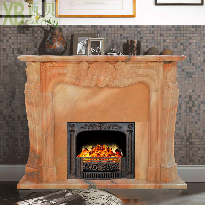 供应天然大理石材 晚霞红壁炉 欧式雕花设计 厂家直销XBBLG-146