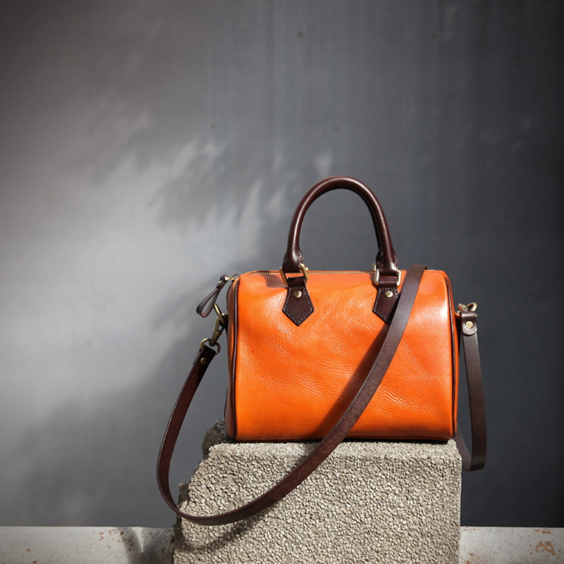 真皮女包 头层牛皮2020新款原创植鞣牛皮女包撞色复古波士顿女包