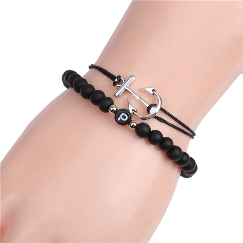 Conjunto De Pulsera De Corazón Con Letras Inglesas De Piedra Esmerilada Negra De Moda display picture 1