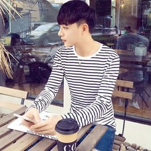 男装秋季长袖T恤男条纹t恤潮韩版圆领T恤男长袖打底衫潮一件代发