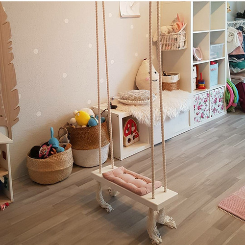 INS style children's swing hanging chair children's room decoration baby entertainment swing solid wood board sponge pad cotton rope swing