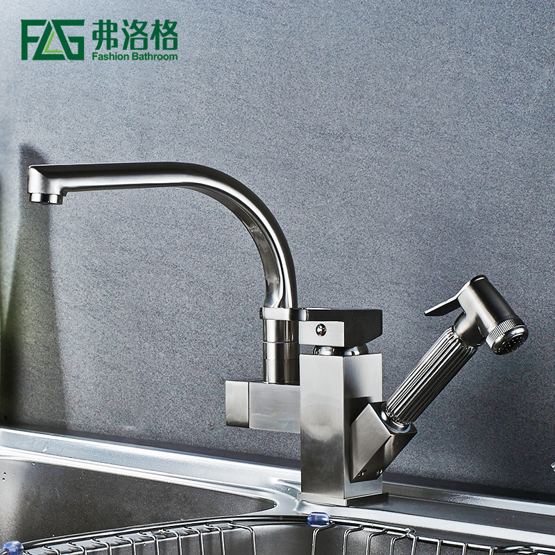 Bomei copper nickel brushed kitchen sink faucet pull deck cold and hot water sprayer with spray gun fortune cat