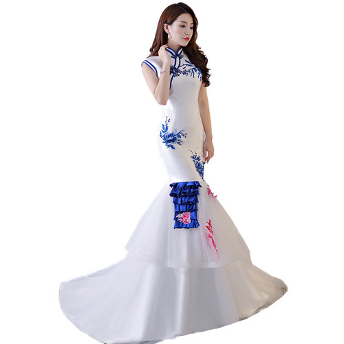 Chinese Dress Qipao Blue and white porcelain fishtail wedding dress long tailed lady cheongsam show long party performance dress