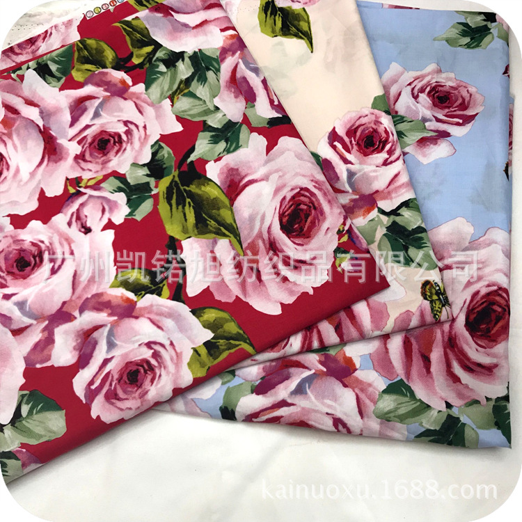 全棉平纹仿天丝印花 欧美连衣裙印花布 蝴蝶玫瑰花 衬衫印花面料