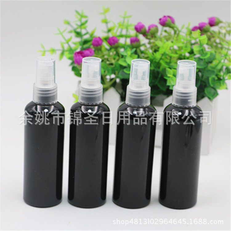 100ml圆肩黑色瓶子配喷头，厂家直销pet塑料瓶，花露水分装空瓶
