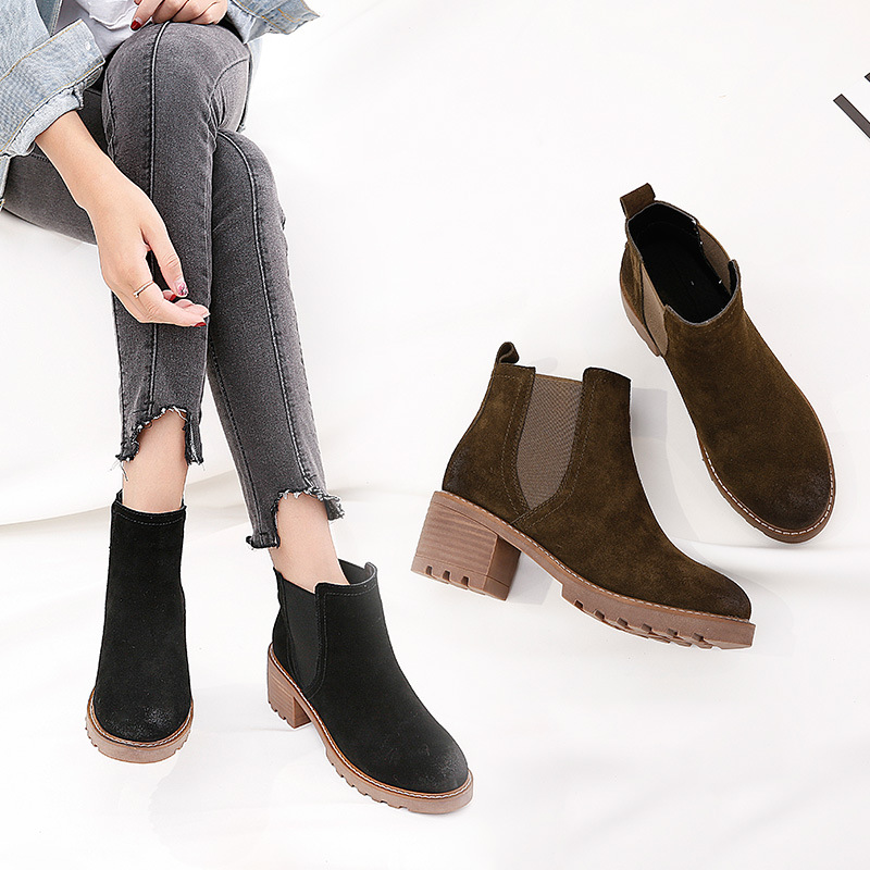 2018秋冬新款真皮女靴粗跟短靴女欧美切尔西靴磨砂擦色马丁靴子女