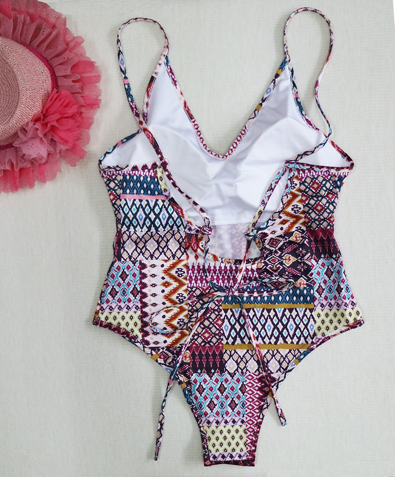Geometric Pattern Purple Deep V One Piece Swimsuit Sexy Design Beachwear Comfortable Fit Wholesale Available