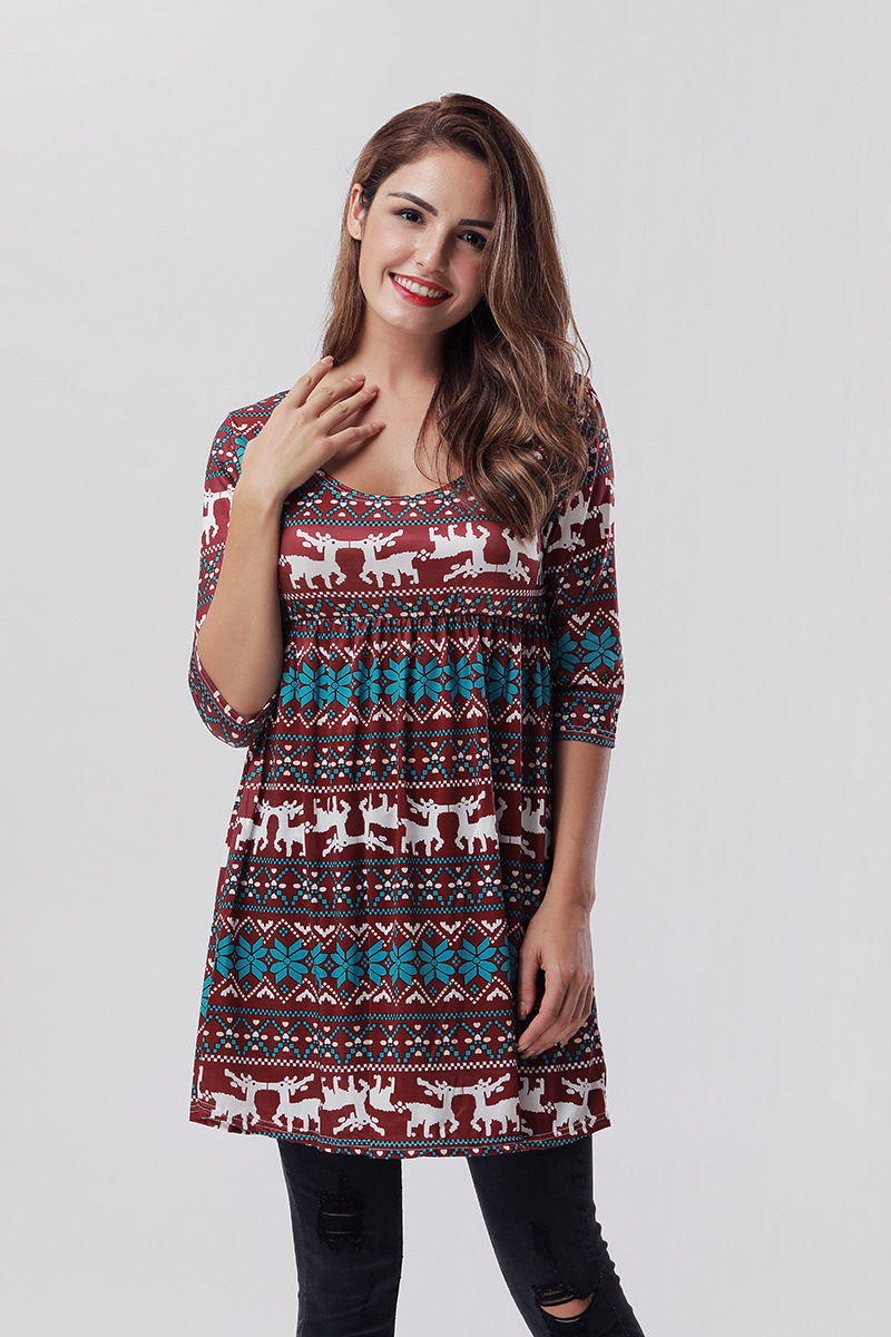 Christmas Reindeer Print Dress 3 4 Sleeve A Line Silhouette Comfortable Fabric Casual Holiday Wear Wholesale