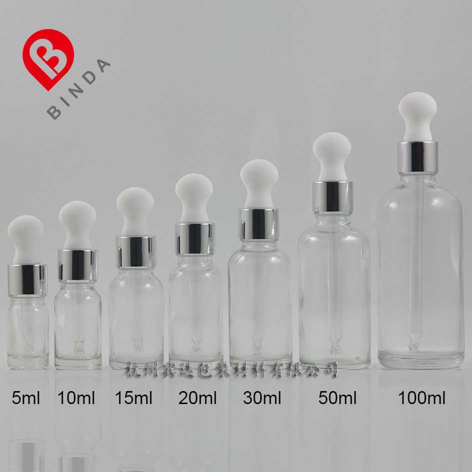 扁胶头亮银铝圈5/10/15/20/30/50/100ml透明原料玻璃滴管瓶