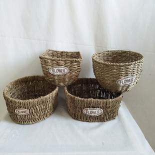 Pastoral straw wall hanging decorative flower basket rattan artificial dried flower basket suit European creative handmade flower pot