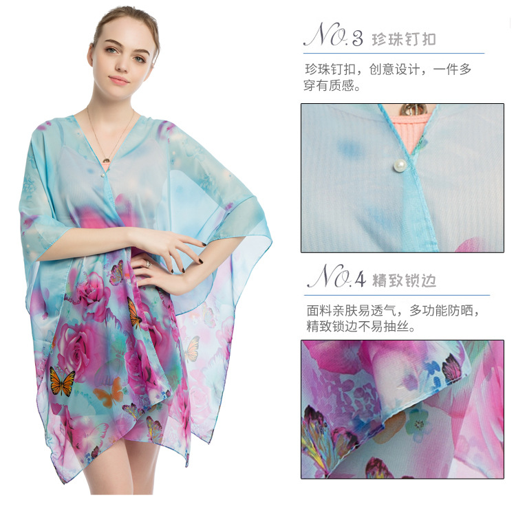 蝴蝶印花雪纺披肩 珍珠扣沙滩巾批发 跨境热销丝巾