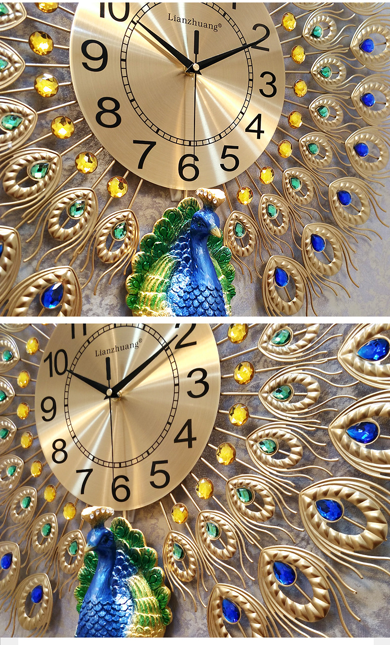 European Luxury Quartz Creative Large Wall Clock Art Golden Peacock