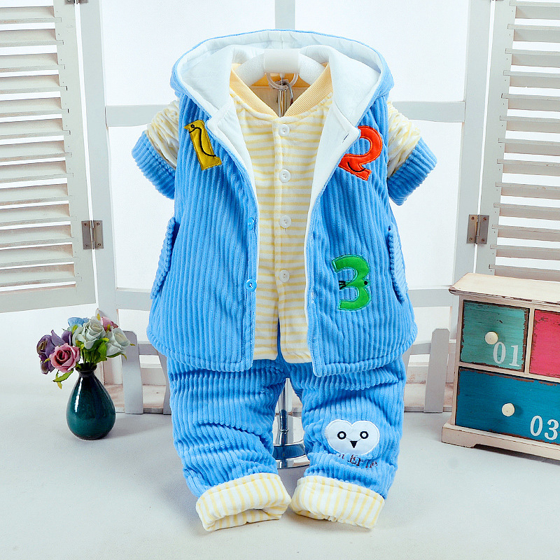 秋冬男女婴幼儿棉衣三件套装灯芯绒3-9个月宝宝加绒加棉0-2岁童装