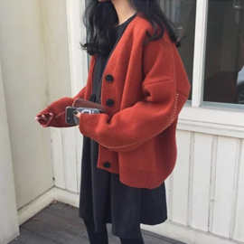 韩版秋冬款慵懒纯色宽松大码气质毛衣开衫外套女V领毛衣外套
