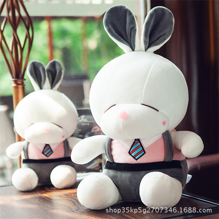 厂家直销背带流氓兔公仔 眯眼长耳兔带领带毛绒玩具生日礼物