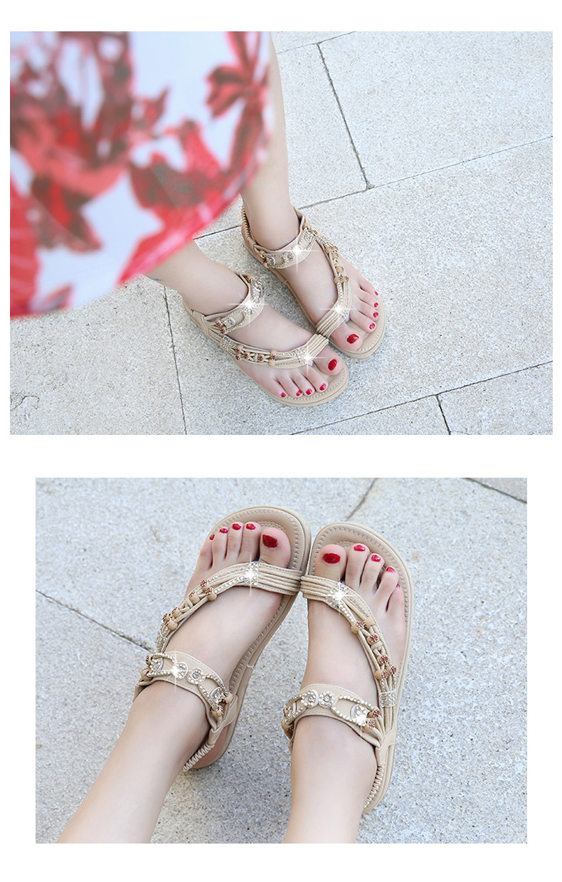 Plus-size women's shoes, Bohemian sandals, retro rhinestone beaded sandals, round-toed flat sandals, and cowhide soft-soled shoes undefined