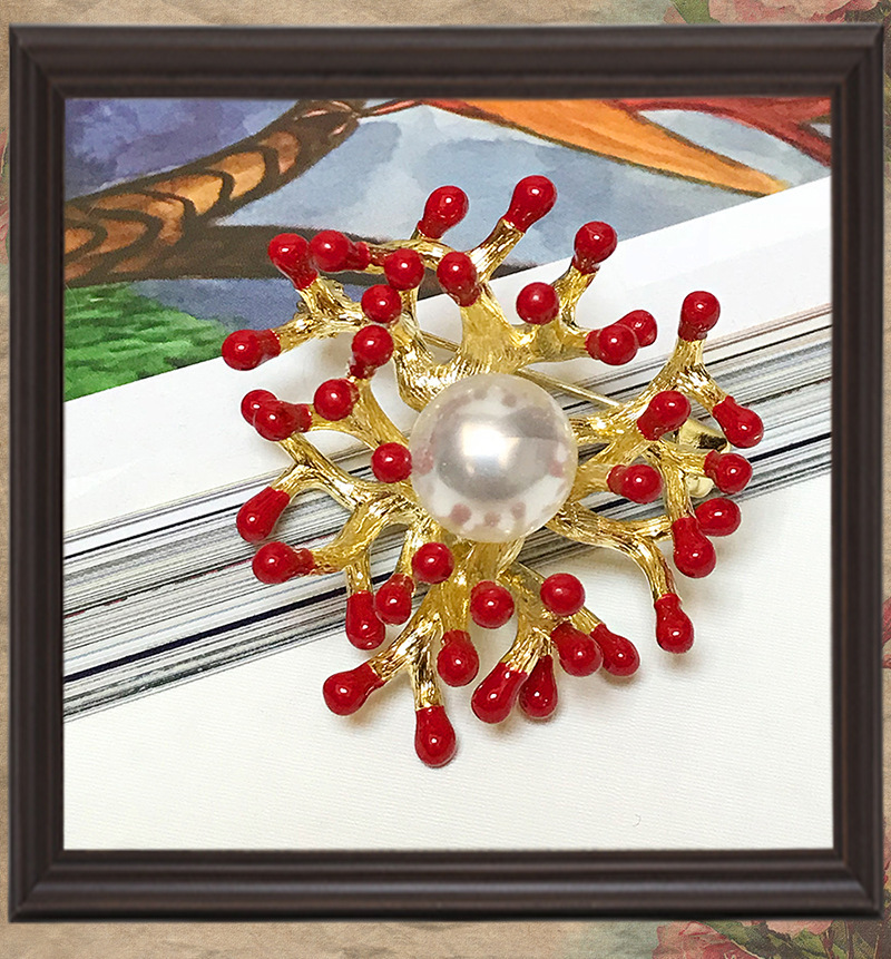 Spille per alberi a foglia rossa, spille a conchiglia, perle in lega, strass, accessori di abbigliamento alla moda_voghion.com