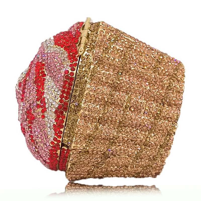 Túi clutch nữ đính kim cương cắt kim loại dự tiệc sang trọng — bạc hồng, hoa hồng hồng, màu đỏ lớn, hoa hồng đỏ tím chi tiết 11