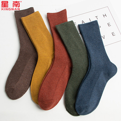 春秋新款纯色双针复古堆堆袜 中筒全棉日系焦糖色袜子女 厂家直销