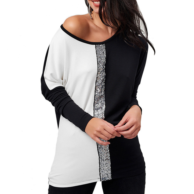 splicing sequined casual long-sleeved top  NSGE37730