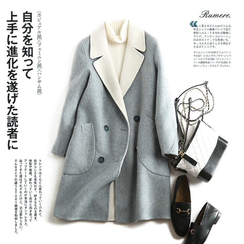 双面大衣女 暖色韩版纯情阿尔巴卡羊驼绒 秋冬新款呢子外套