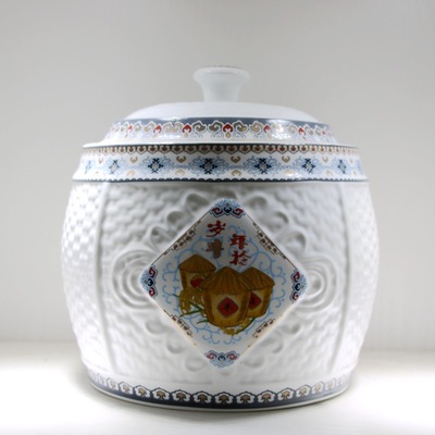 厂家直销景德镇10斤陶瓷米缸带盖防潮五谷杂粮储物罐可定制 米桶