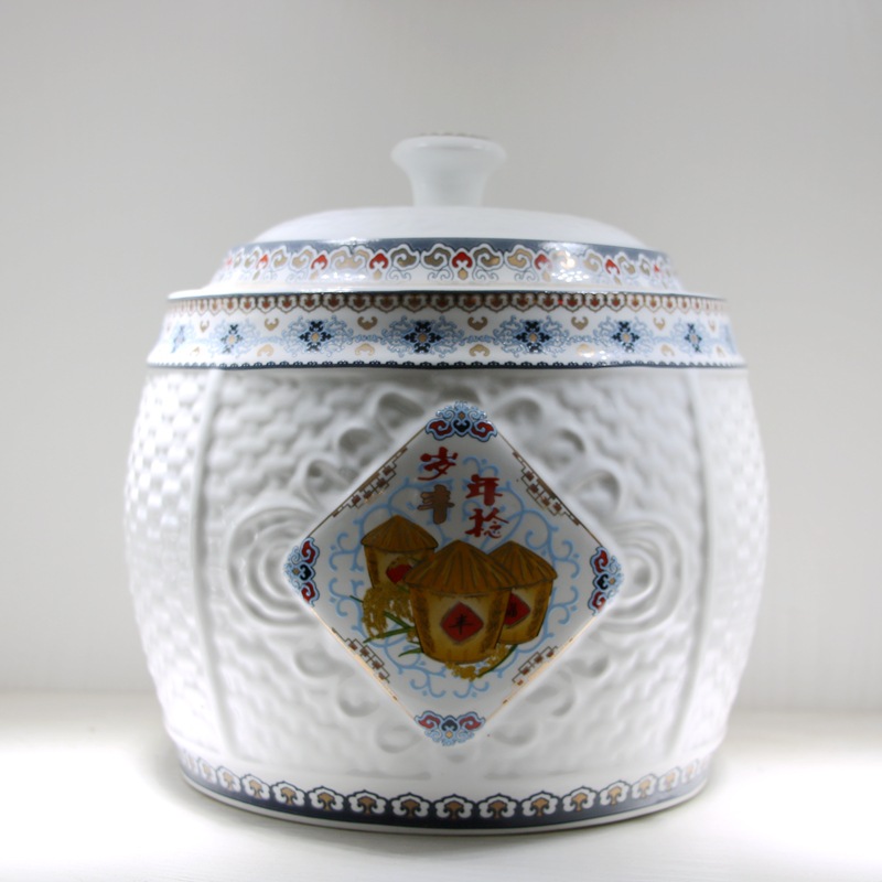 厂家直销景德镇10斤陶瓷米缸带盖防潮五谷杂粮储物罐可定制 米桶