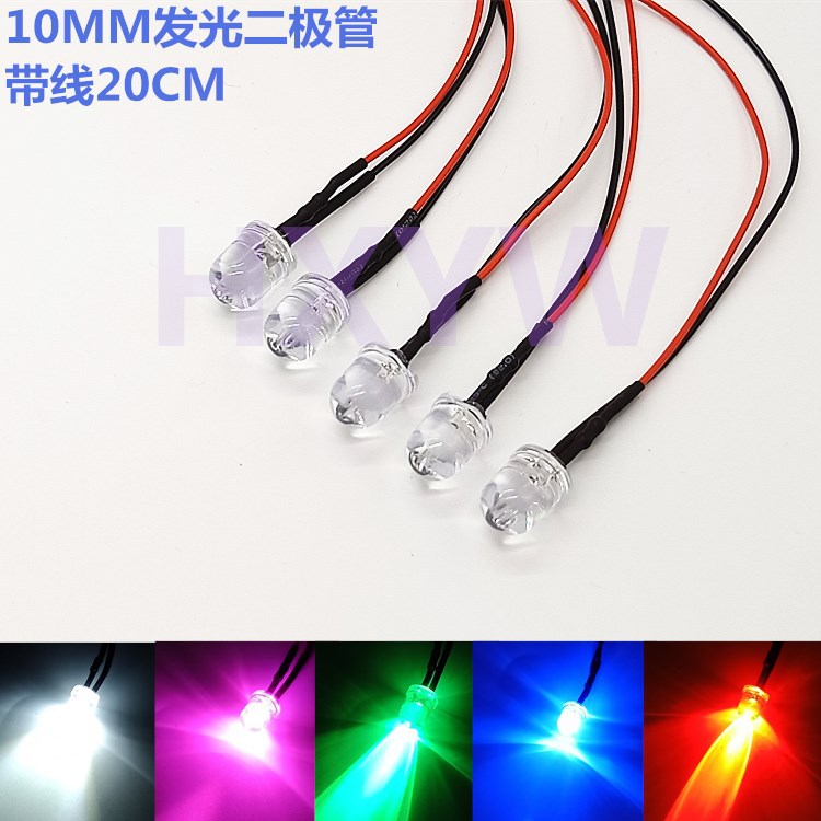 10 mm LED lampa dənəsi 5V–36V, 20 sm naqilli, müxtəlif rənglər