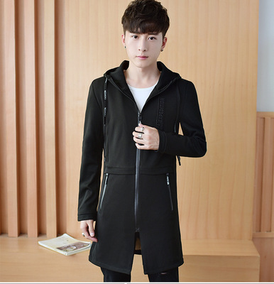 2018年春秋男装新款连帽中长款韩版修身风衣  时尚 帅气防风风衣