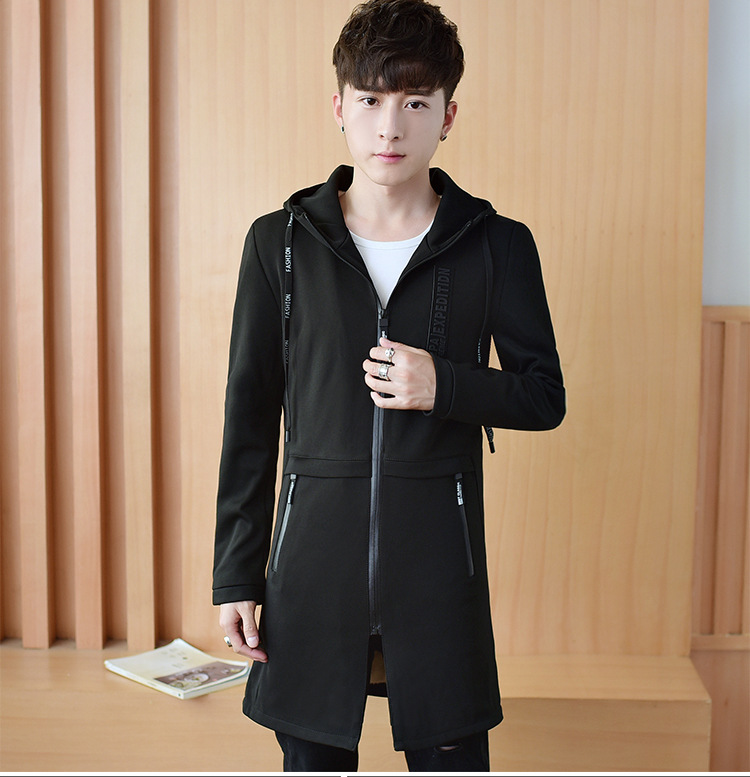 2018年春秋男装新款连帽中长款韩版修身风衣  时尚 帅气防风风衣