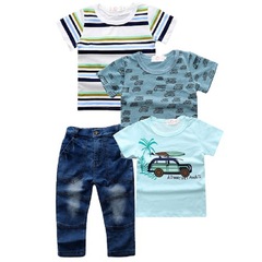 Dropshipping 2024 New European & American-Style Kids' Denim Set: Boys' Car-Themed Single T-Shirt + Denim Pants – 4-Piece Set