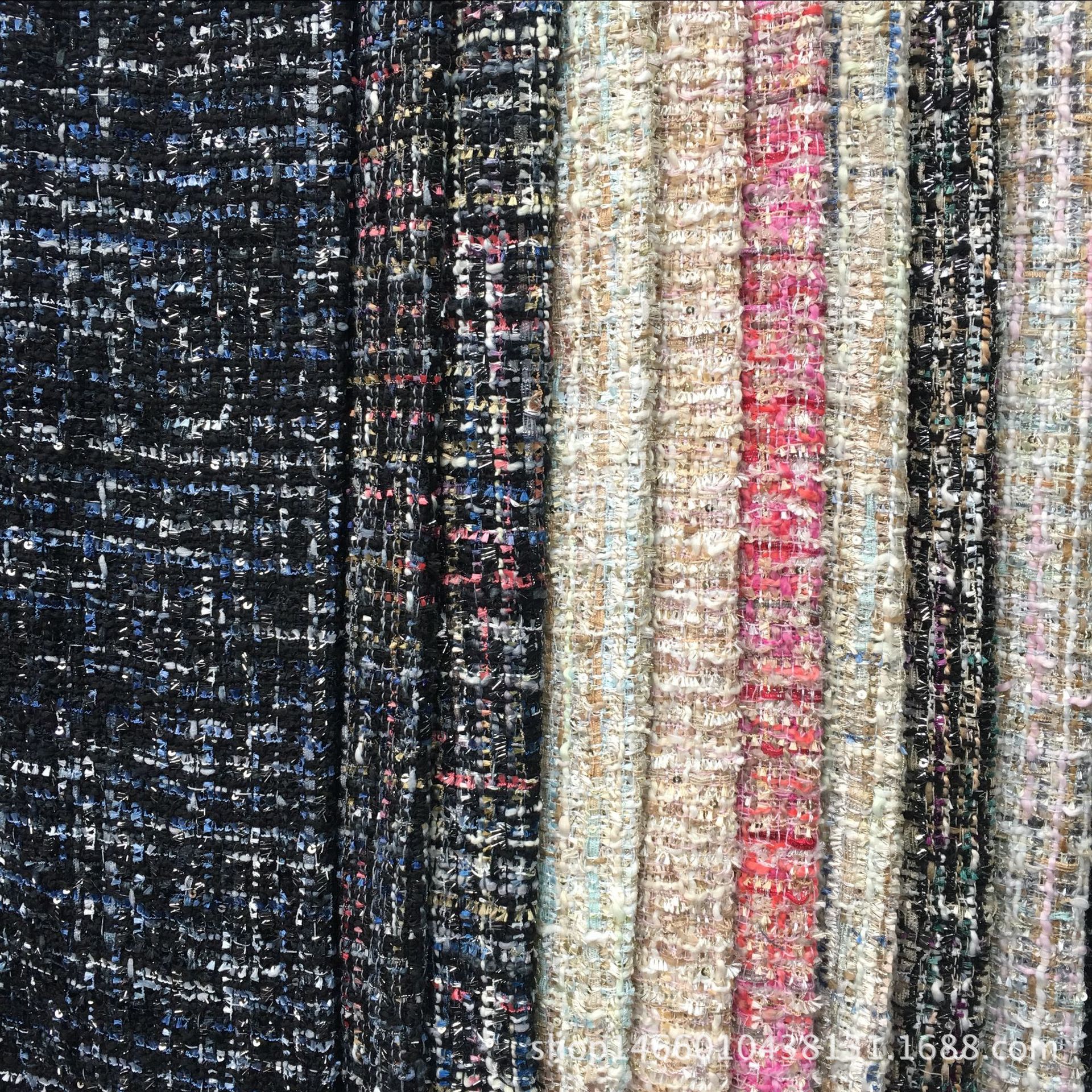 卓曦纺织|厂家直销小香风毛纺面料 珠片女装亮丝编织毛呢面料现