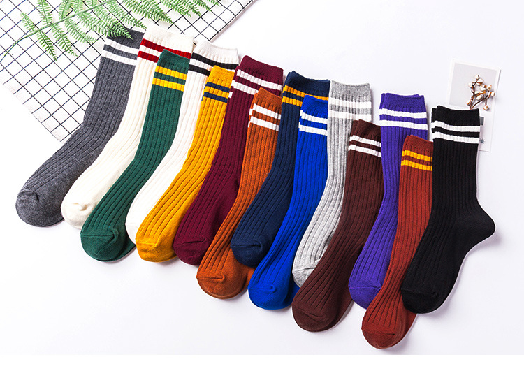Autumn And Winter New Japanese Style Two Bar Women's Cotton Mid-calf Socks Thick Thread Striped All-matching Casual Korean Socks Wholesale display picture 1