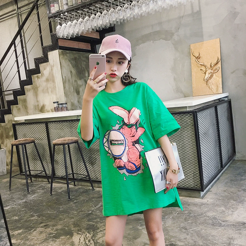 Летняя Модная Футболка для беременных в Корейском стиле, топ с короткими рукавами и мультяшным Кроликом, модное платье для мамы средней длины