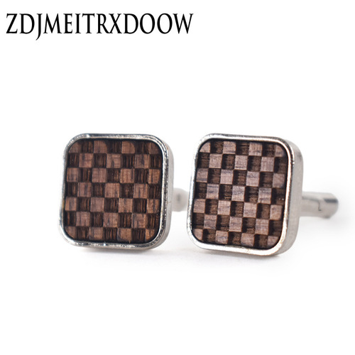 16MM Square Wooden Cufflinks Made of Black Walnut Wood, French Cufflinks with Engraved Grid Surface