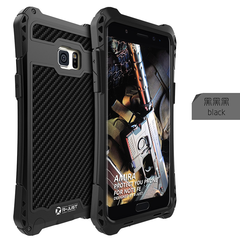 R-Just Amira Heavy Duty Dirtproof Shockproof Rainproof Aluminum Metal Bumper Carbon Fiber Back Cover Case for Samsung Galaxy Note FE / Note 7 N9300