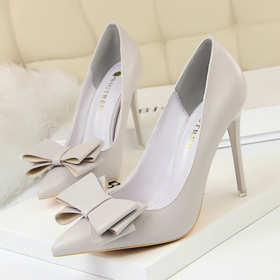 Big Tree Korean Fashion Sweet High Heels Heels Slim High Heels Shallow Mouth Pointed Bow Single Shoes