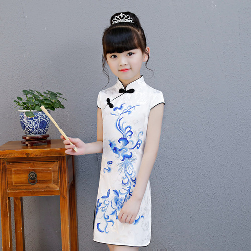 rural printing qipao Chinese wind hanfu Children Chineses dresses Qipao Dresses for girlsChinese zither girl costume cheongsam summer with short sleeves