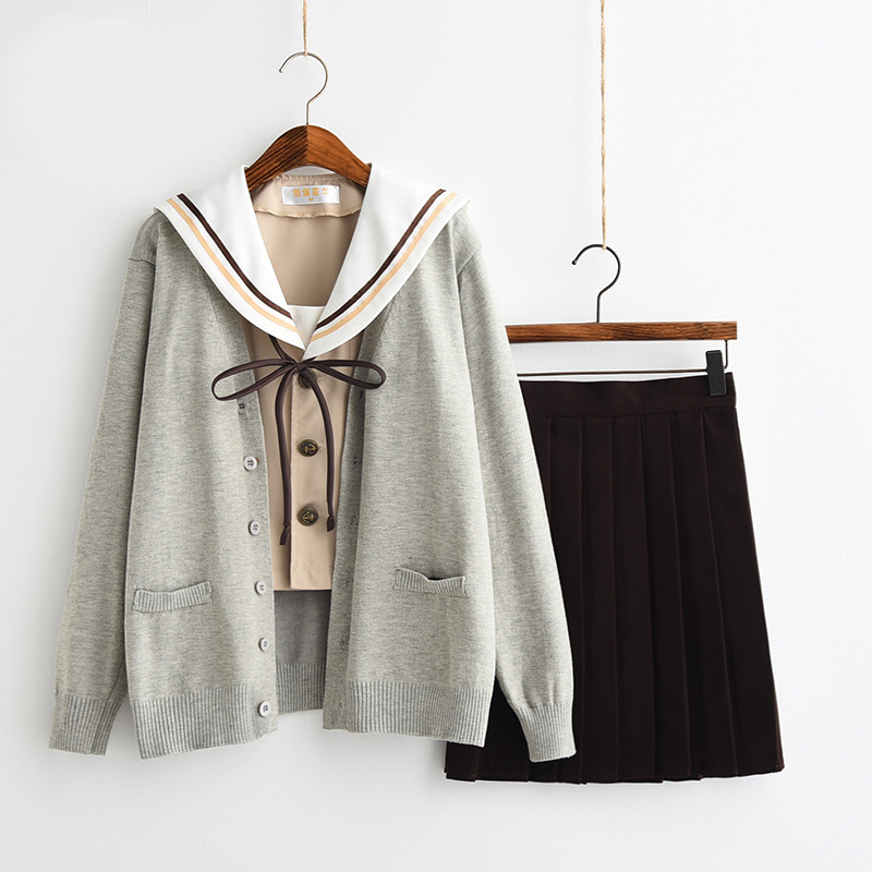 日本水手服長袖jk制服秋冬奶茶色校服畢業班服女百褶裙學院風套裝