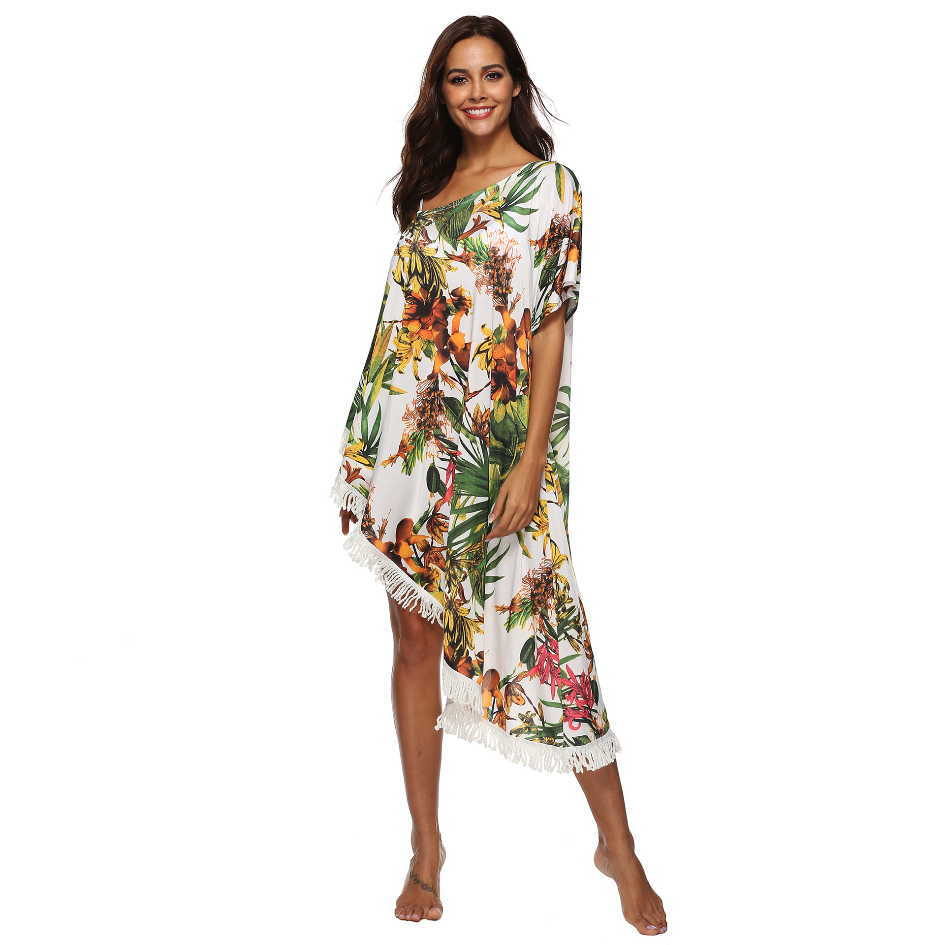 Floral Print Off Shoulder Maxi Dress Tassel Detail Irregular Hem Sun Protection Summer Casual Wear Wholesale