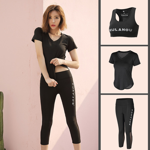 Spring and summer new fashionable hollow short-sleeved yoga clothes for women quick-drying running sports tights fitness clothes three-piece suit