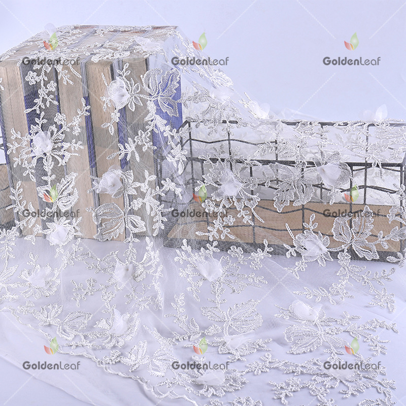 2018新款蕾丝花朵网底绣花布立体刺绣婚纱礼服三合一绣花面料