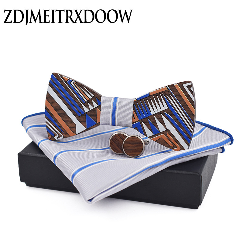 高档男士条纹方巾袖扣领结套装 彩色印花木质蝴蝶结配礼盒