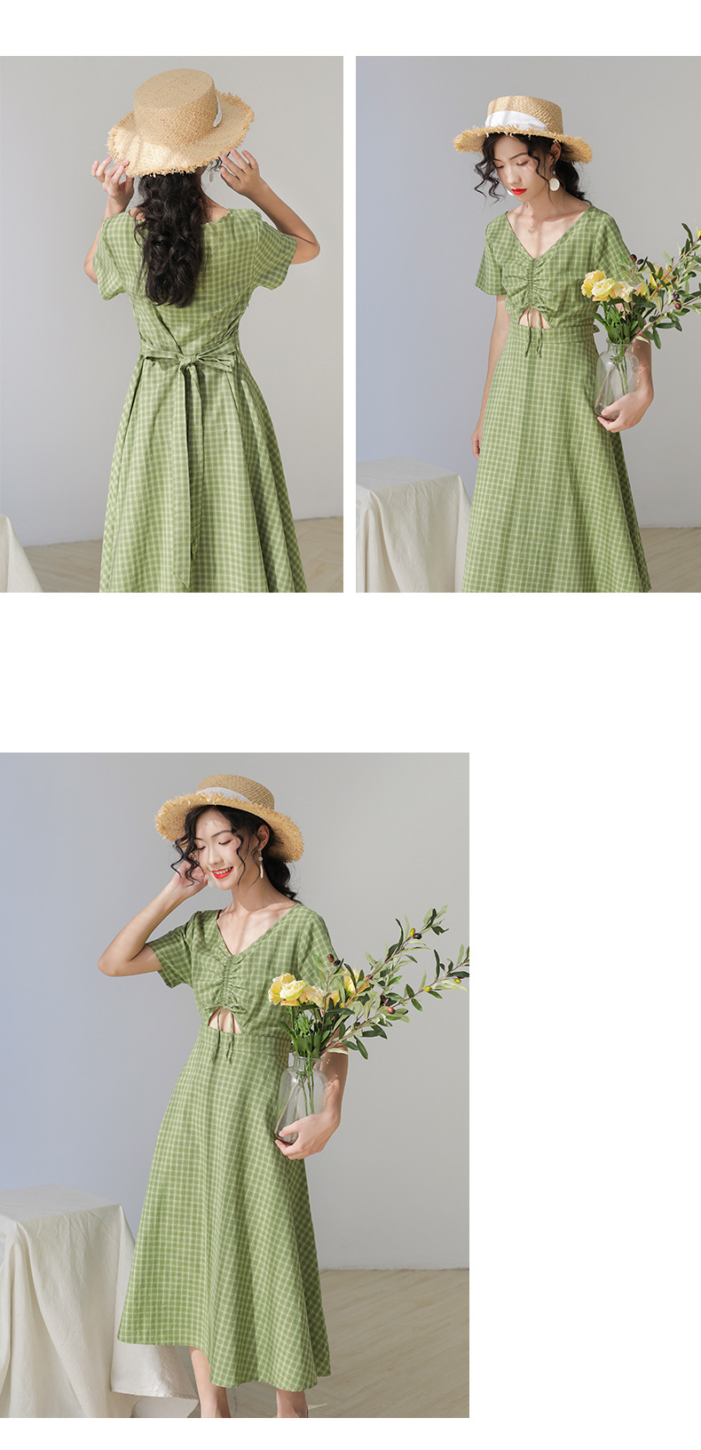 [歌 铭] Váy mới hè hè cho bạn gái Hàn Quốc tay ngắn kẻ sọc Váy xanh lá cây DZ062 - váy đầm đầm maxi