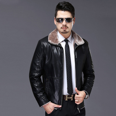 冬季2018新品男士皮衣翻领休闲拉链一体绒绵羊皮中年合体型皮衣潮