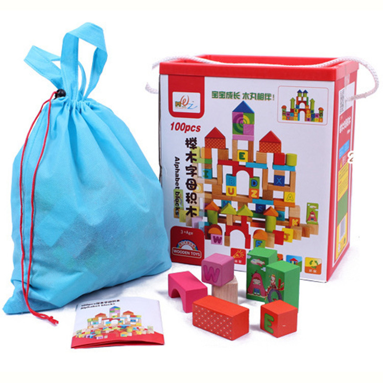 100粒桶装儿童认识数字字母水果动物立体城堡木制积木益智玩具
