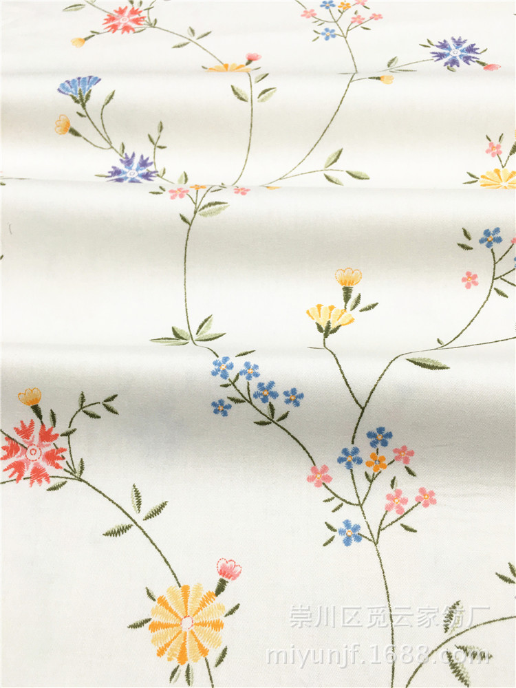 纯棉斜纹布料 全棉印花奶白底仿绣花淡雅小花枝 床品棉服汉服手工