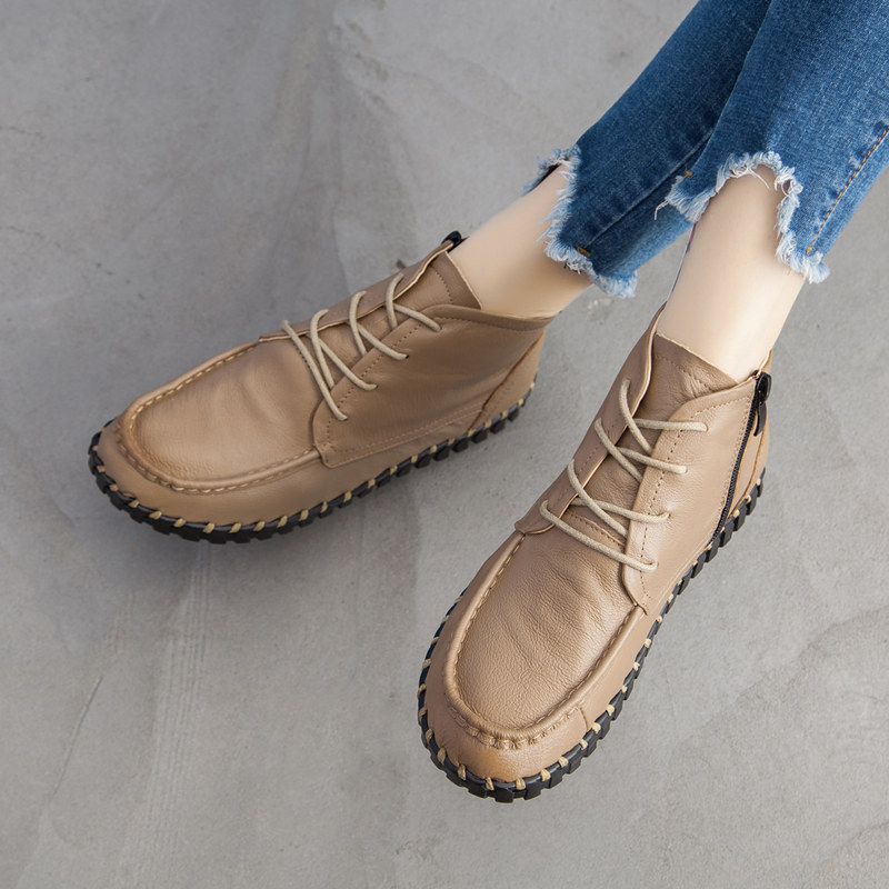 ShoeVault Xinrui 2023 Autumn Winter New Retro Short Soft Sole Comfortable Genuine Leather Flat Casual Single Boots Cotton Shoes_voghion.com